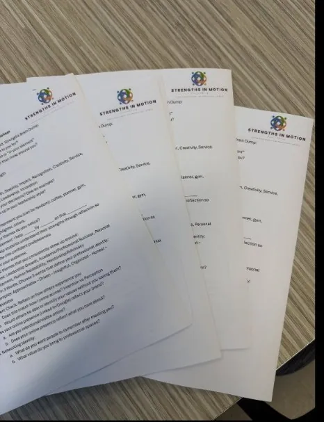 Strengths in Motion workshop worksheets fanned out on a table